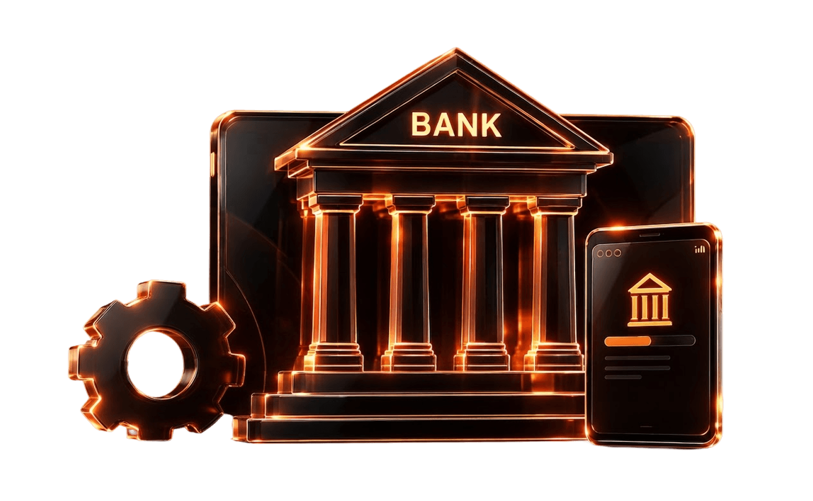 Digital banking illustration with bank, phone and tablet