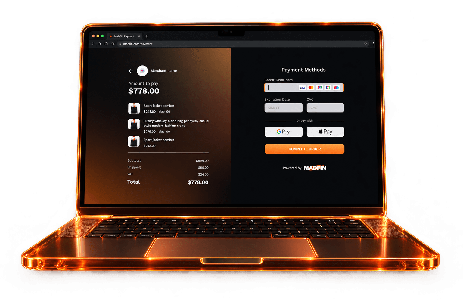 MADFIN checkout on a laptop showing payment methods and order summary